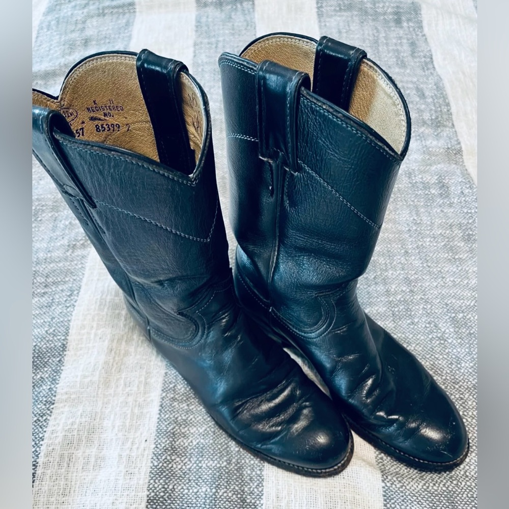 Vtg Big Kids Justin’s Navy Roper Boots SZ 4.5B StyleL3057 Cowgirl Cowboy Western